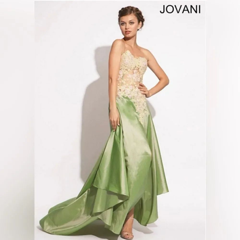 Jovani Strapless mesh embroidered Gown in Light Green and Cream, US4